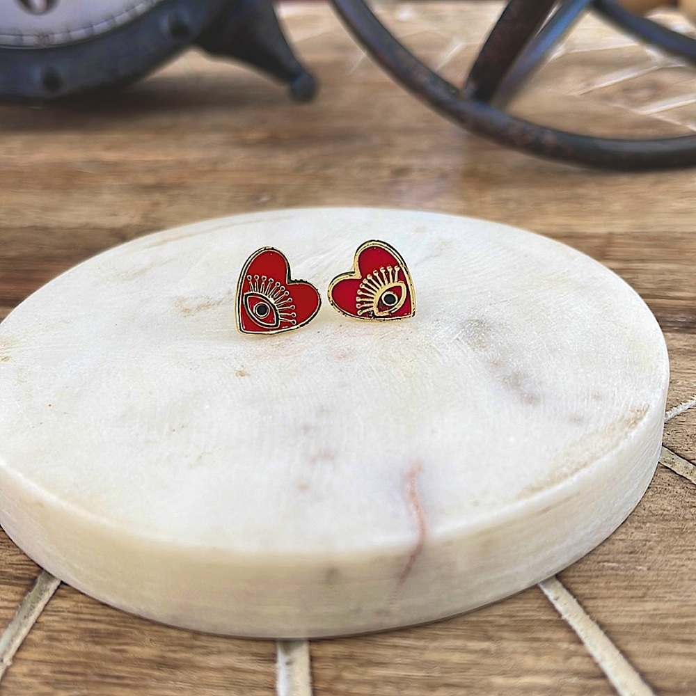 Red Evil Eye Heart Stud Earrings – Gold Tone Enamel Statement Jewelry